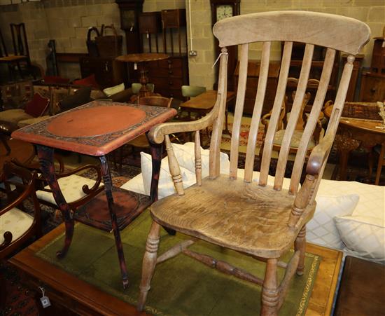 A beech and elm lathe-back elbow chair and an Asian lacquered two-tier occasional table, 50cm